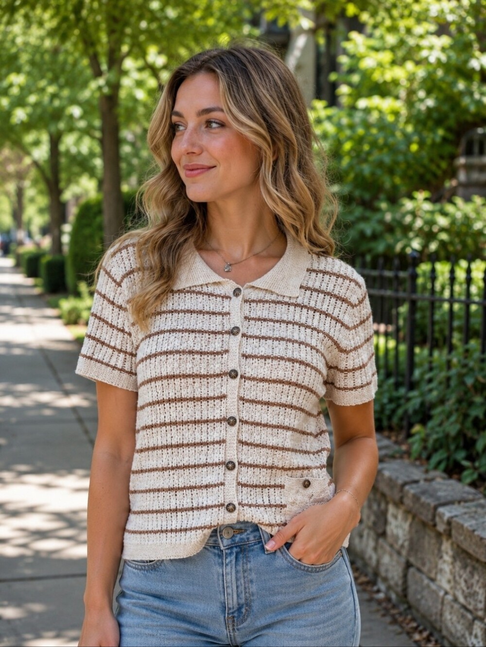 Striped Knit Button-Up Polo Sweater in Cream and Brown